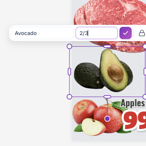 The floating entry bar with the name field reading Avocado, the price field mid-typed, and the confirm check, above the selected avocado photo