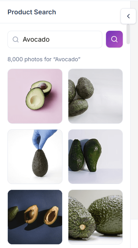 Aisleify's Product Search panel with an Avocado query and a grid of avocado photos