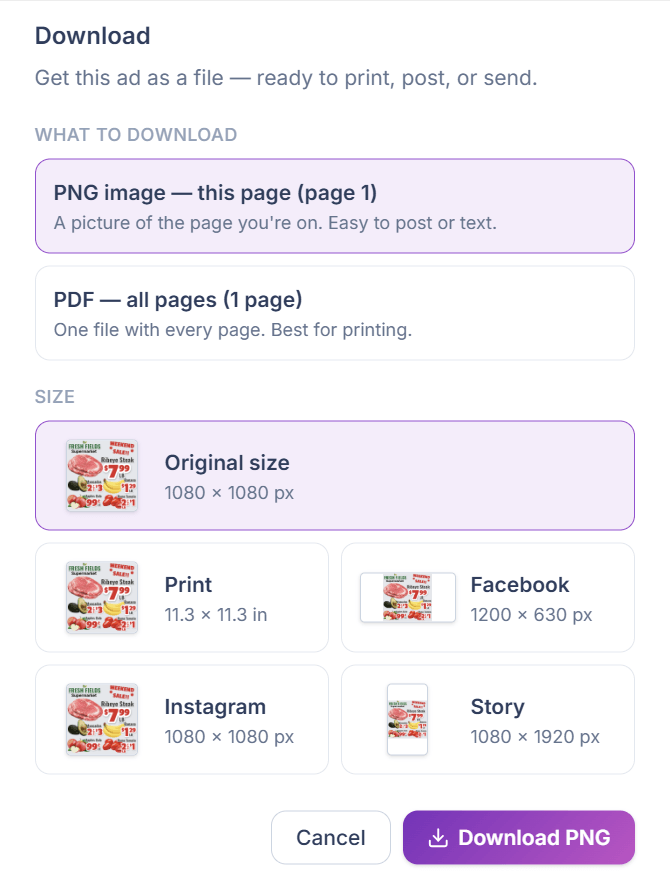 The Download dialog offering a PNG image or a print-ready PDF of the finished ad