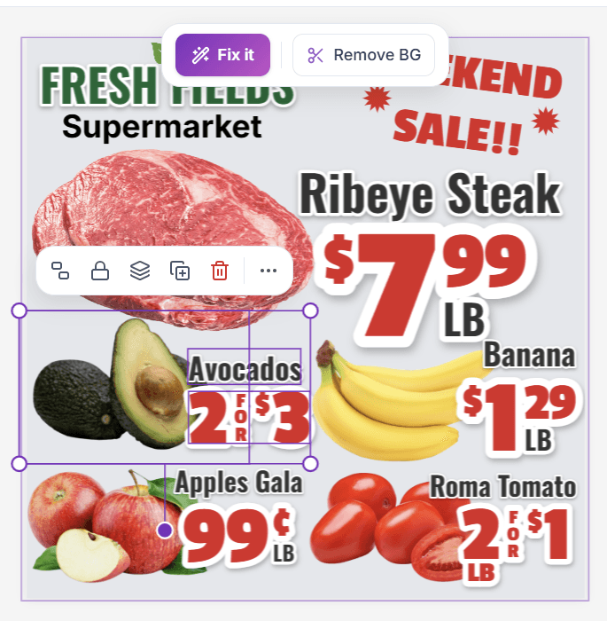 A selected avocado component on the ad canvas with Fix it and Remove BG actions above it