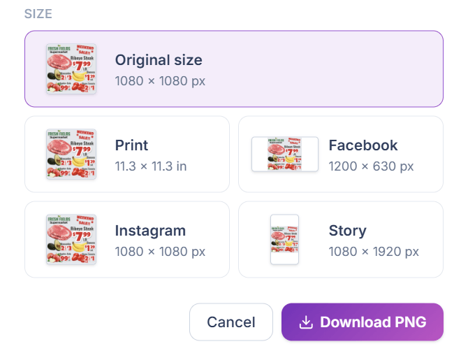 Export size presets previewing the same ad at original, print, Facebook, Instagram, and story dimensions