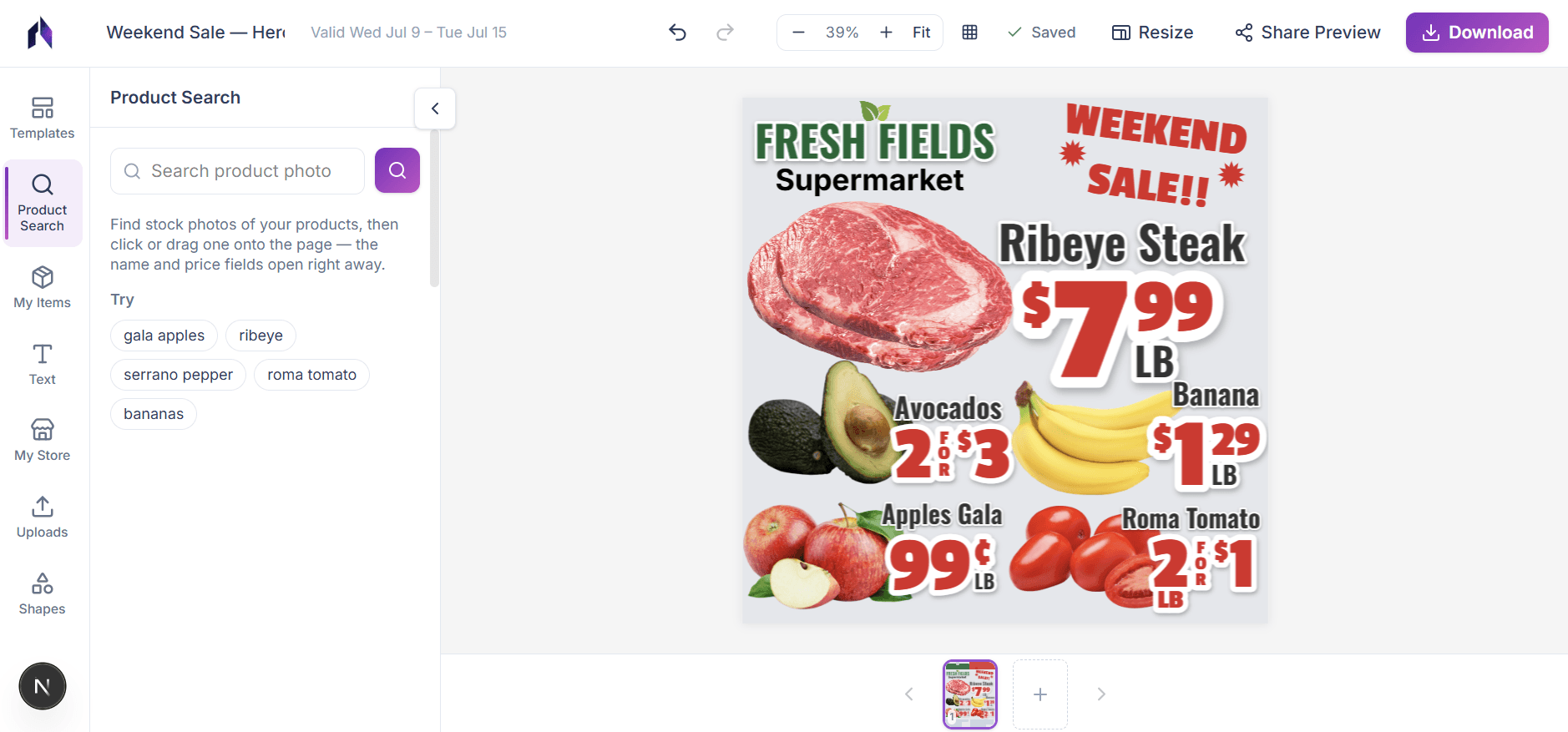 The Aisleify Studio editor mid-build on a Fresh Fields Supermarket weekly ad — product search on the left, styled price tags on the canvas